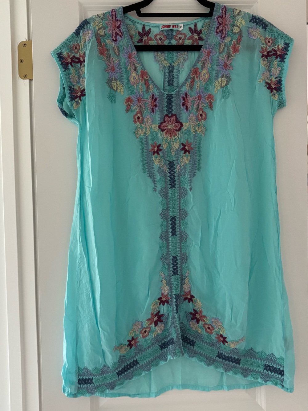 Johnny Was Sheer Turquoise Embroidered Swim Coverup size Small